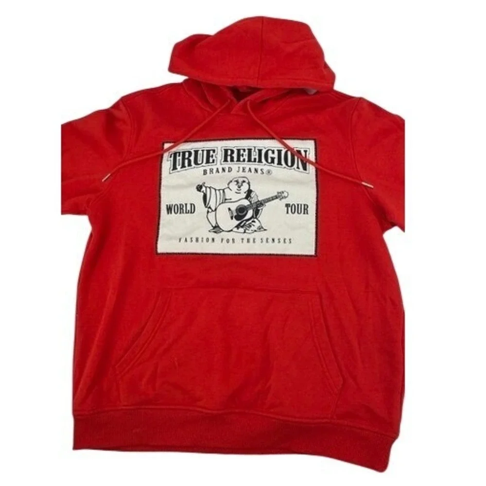 True Religion Hoodie Mens XL Red World Tour Buddha Graphic Pullover Streetwear